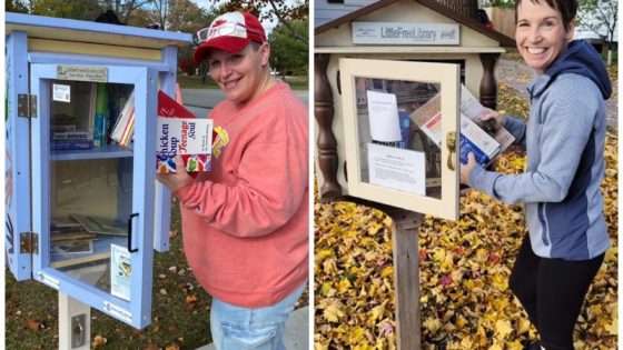 Jo Ann Lee and Kate Goudy delivering books to Little Libraries around Ames.